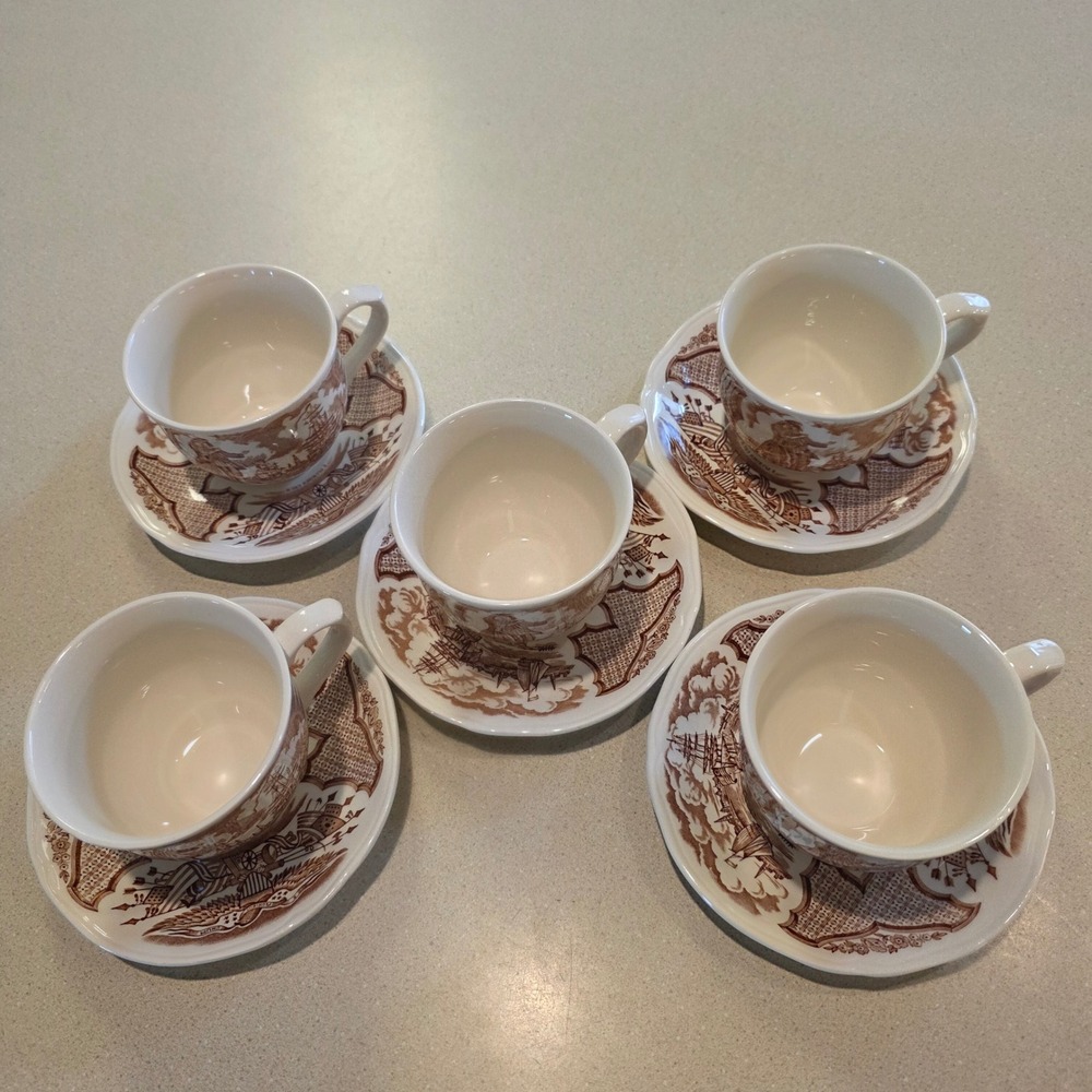 Alfred Meakin Fair Winds Cup Saucer, Set of 5, Brown New York Harbor England
